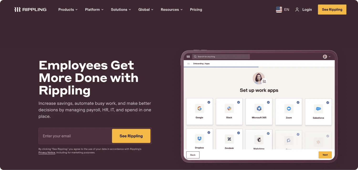 rippling homepage Screenshot of Rippling's platform showcasing app setup tools for managing HR, payroll, and IT tasks.