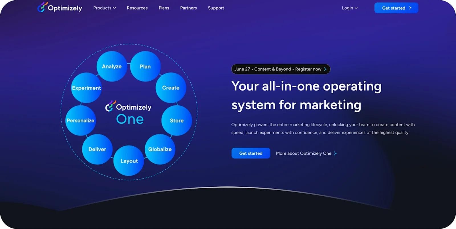 optimizely-homepage-lp Website screenshot for Optimizely One, showcasing an all-in-one marketing system with features like analyze, plan, and experiment.