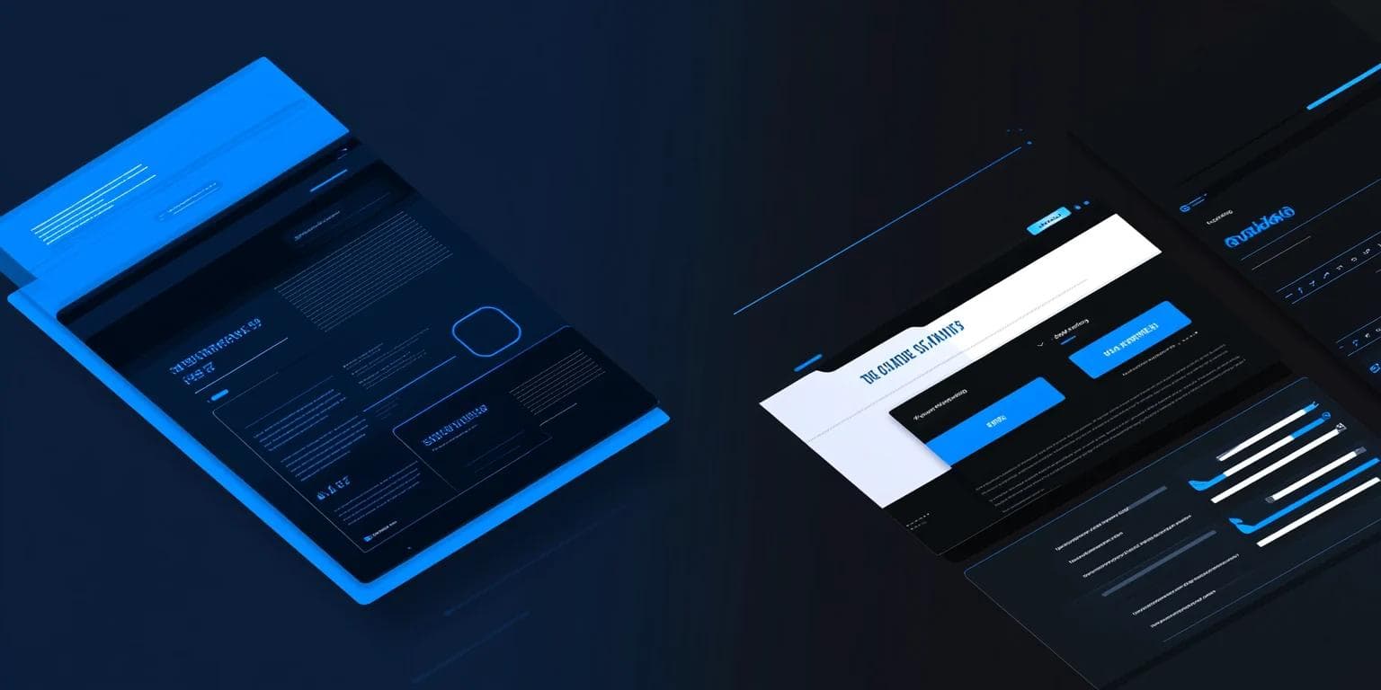 Two modern website mockups with dark themes and blue accents, showcasing forms and layout designs.