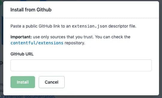 Contentful UI extension Install from Github How to install a Contentful UI extension from GitHub.