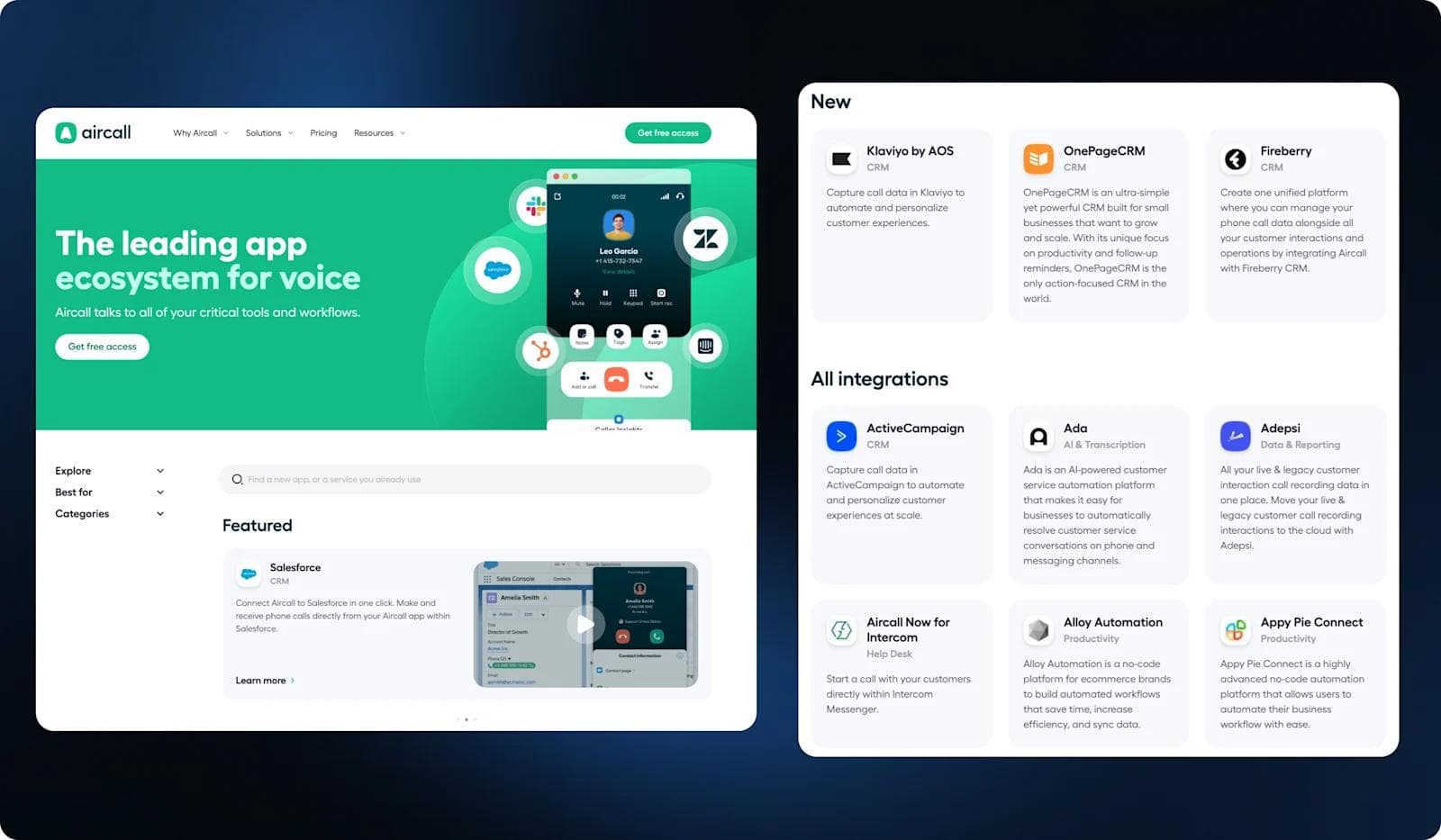 aircall integrations Aircall website showcasing app ecosystem for voice, featuring integrations and CRM solutions for businesses.