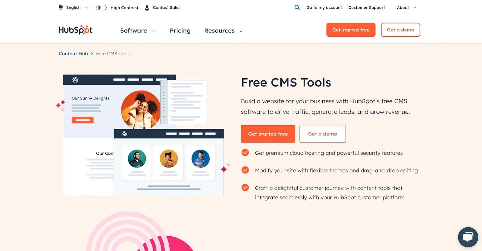 hubspot cms HubSpot landing page showcasing free CMS tools for website creation, featuring a call to action and highlights of benefits.