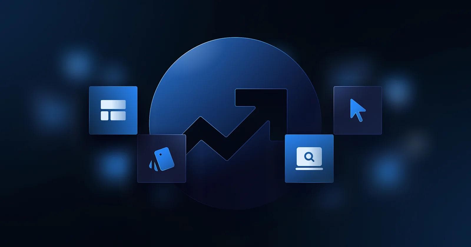 Key Design Elements to Test for CRO Abstract blue graphic featuring icons representing growth, data, and search concepts.