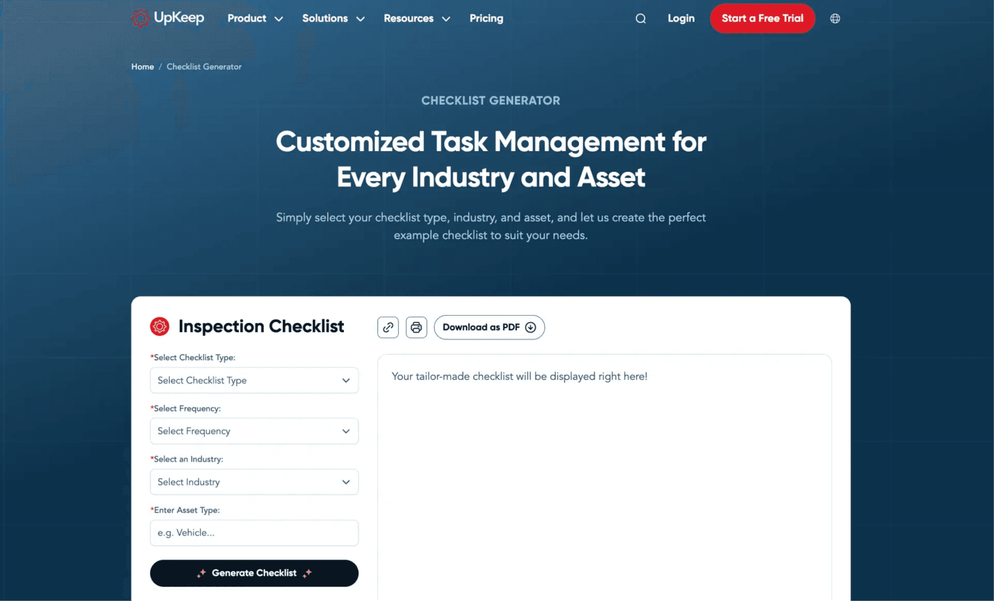 A web interface for creating a customizable inspection checklist with dropdown menus for type, frequency, and industry.
