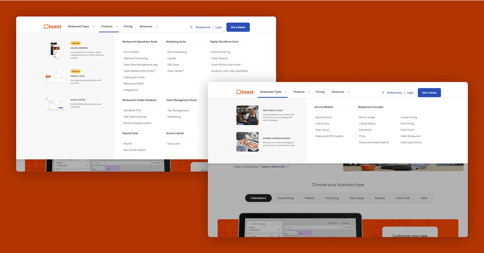 Toast-mega-menu Screenshot of the Toast website showcasing restaurant products, services, and business types with an orange background.