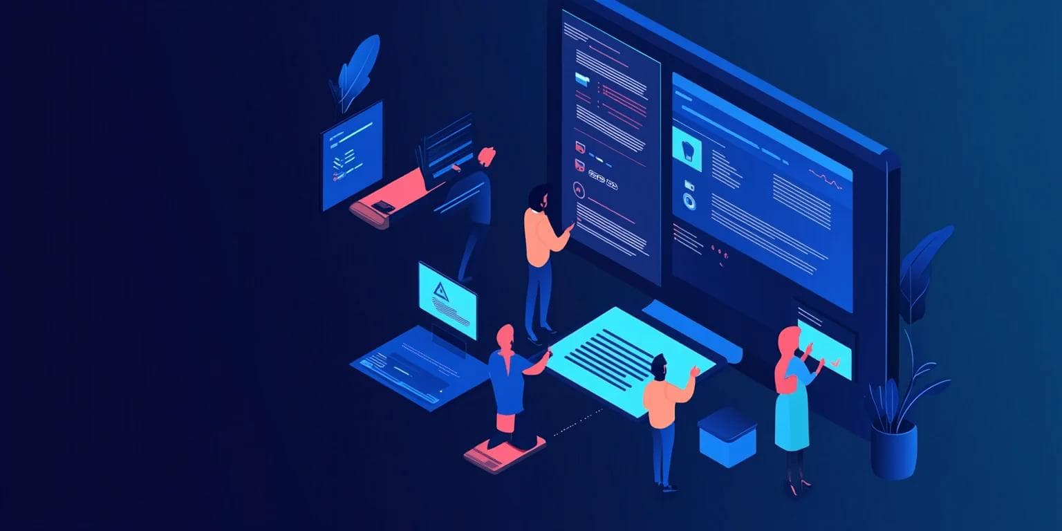 Digital illustration of multiple people interacting with computers and screens in a tech-focused environment.