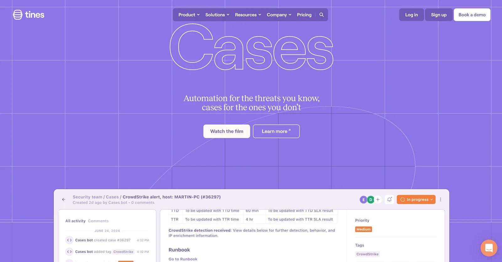 tines features Tines dashboard displaying automation cases, featuring a CrowdStrike alert and options for viewing and learning more.