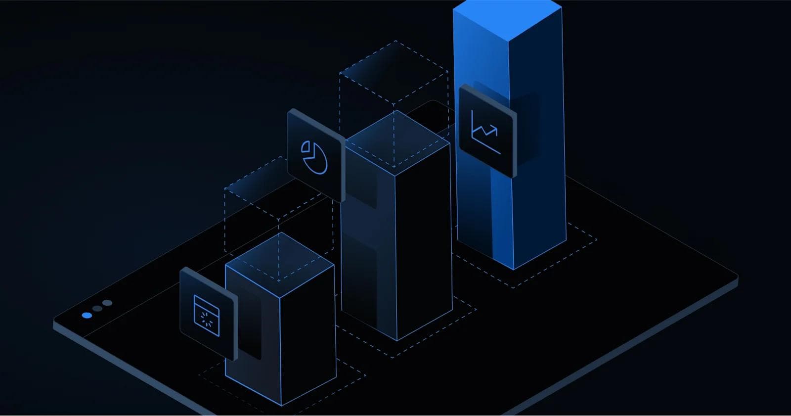 3D bar charts with overlays depicting analytics on a dark background.
