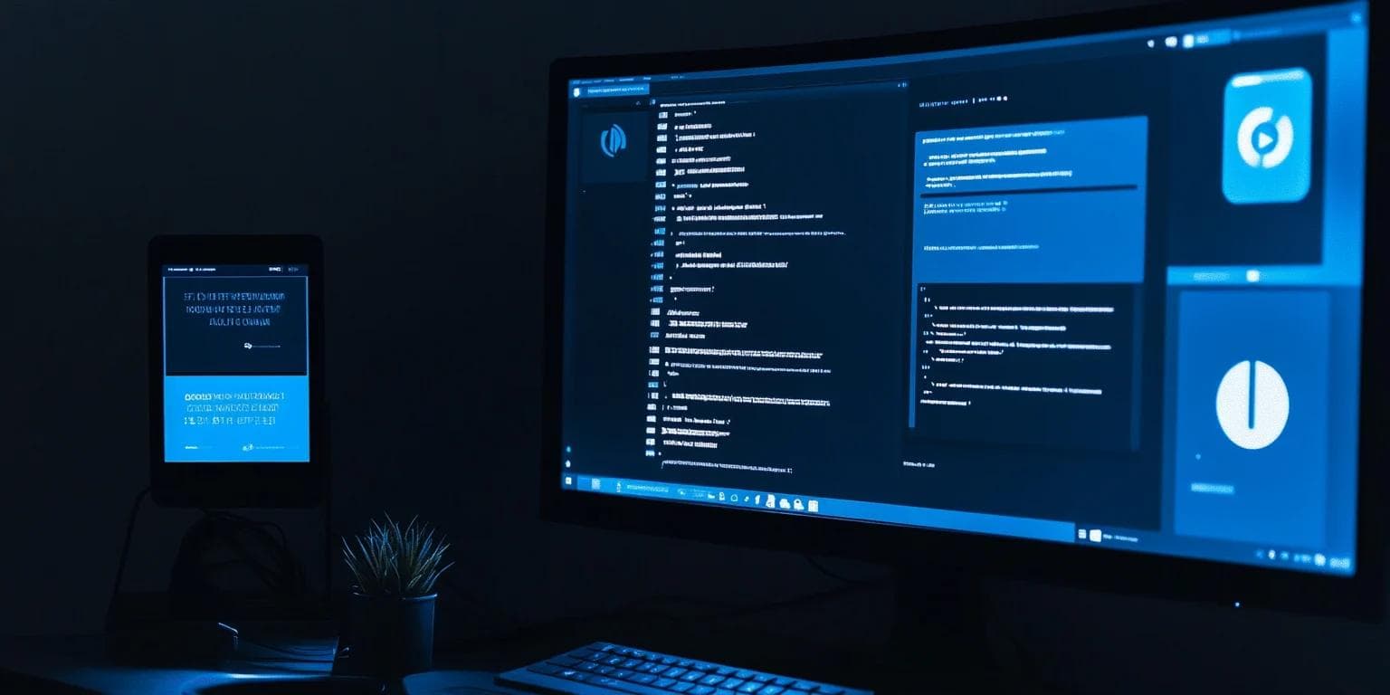 A dark workspace features a computer monitor and a tablet displaying coding and interface designs.