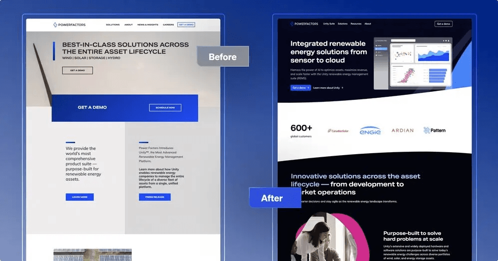 Comparison of PowerFactors website redesign: before and after showcasing enhanced features and modern layout.