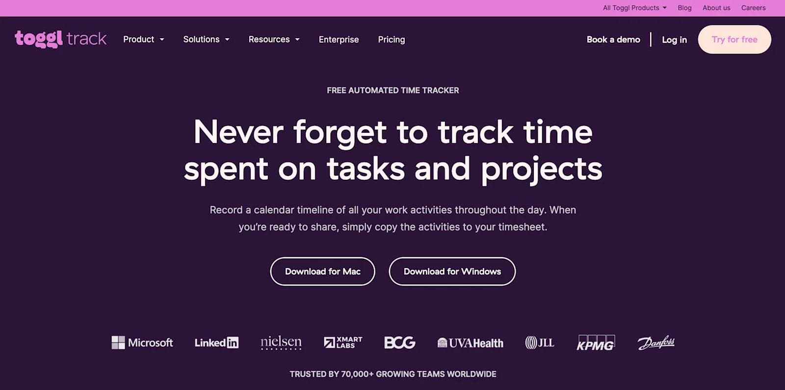 toggl features Toggl Track website promoting automated time tracking for tasks and projects with download options for Mac and Windows.
