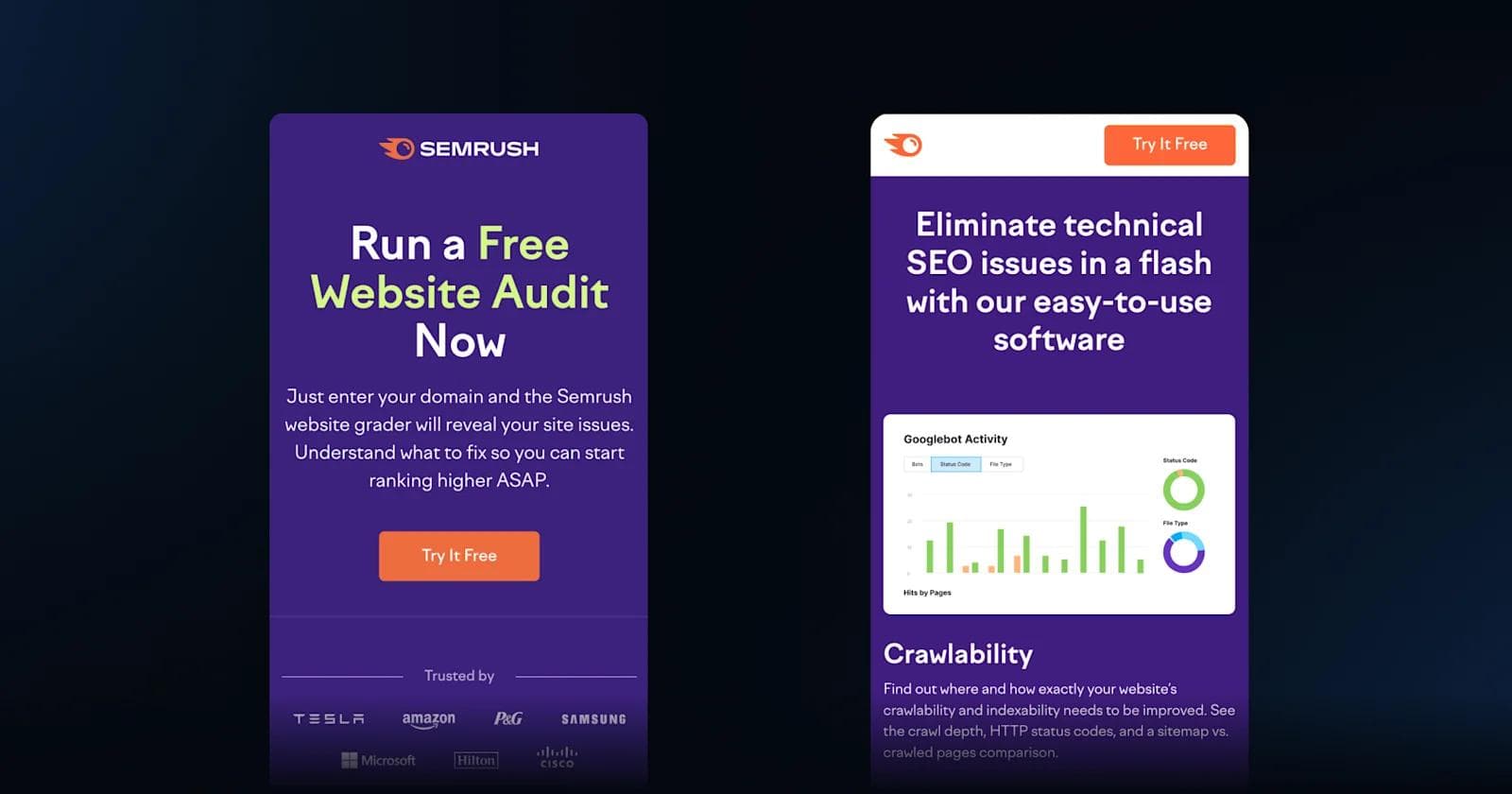 semrush lp Semrush website audit tool promoting SEO analysis and improvements with visual data representation.