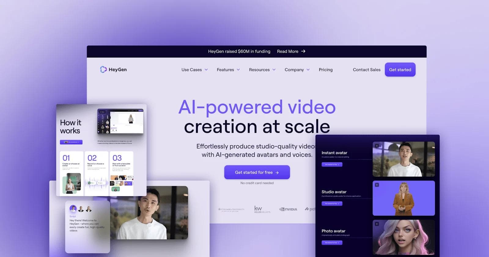HeyGen-website Website layout for HeyGen, showcasing AI-powered video creation with avatars and various functionality steps.