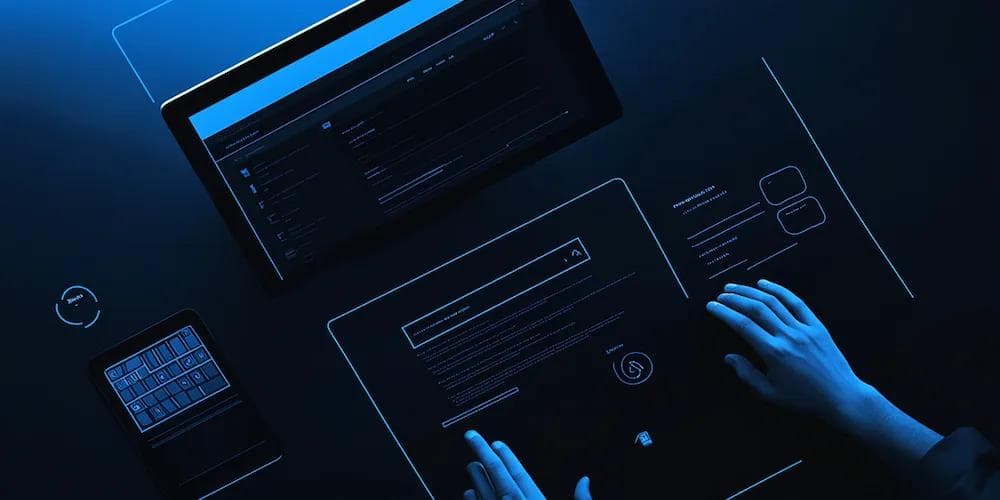 A top-down view of a dark workspace with hands on a glowing touchscreen, multiple digital devices, and blue lighting.