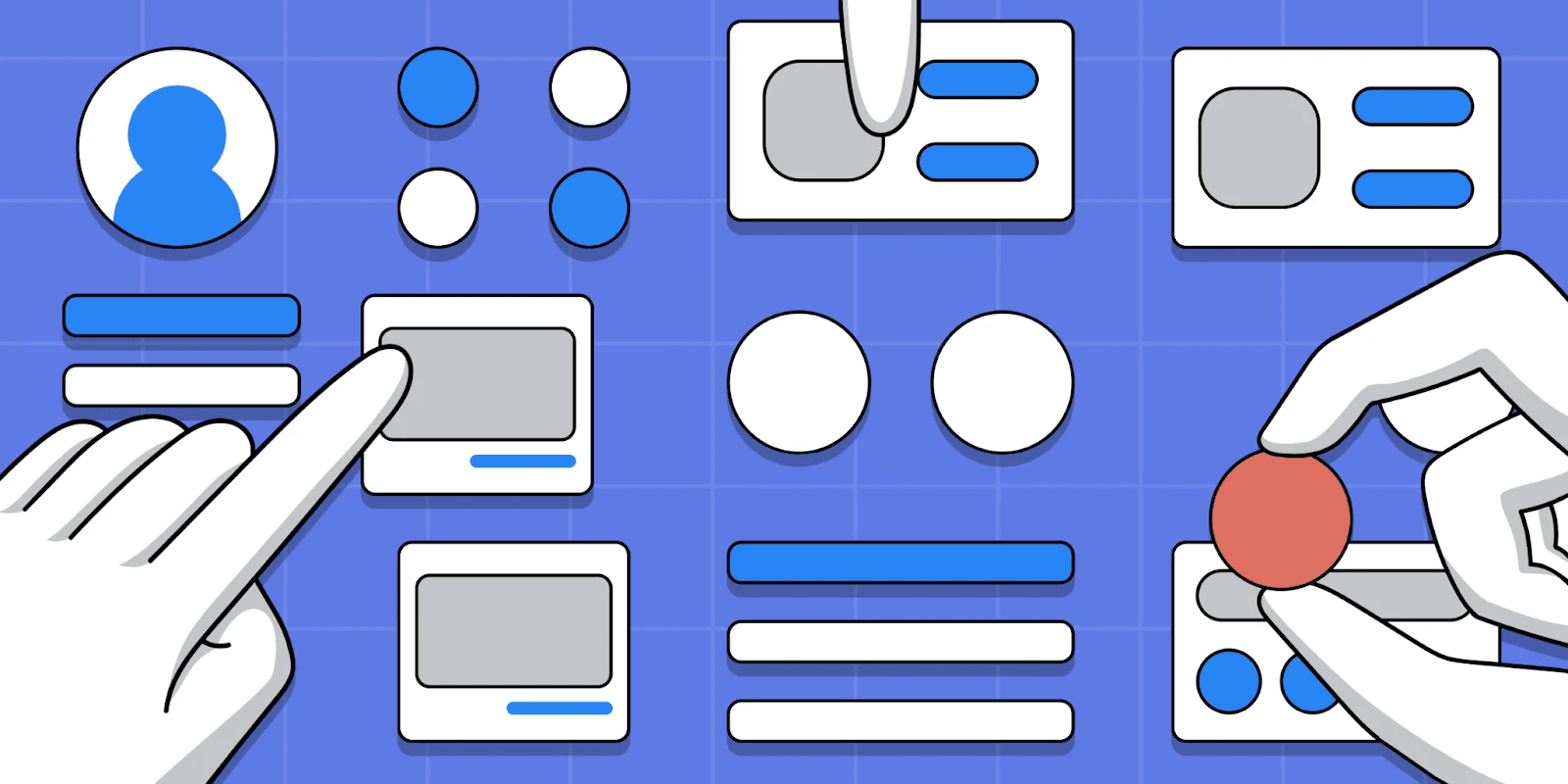 A hand interacts with various UI components on a blue background, including buttons and shapes for design purposes.