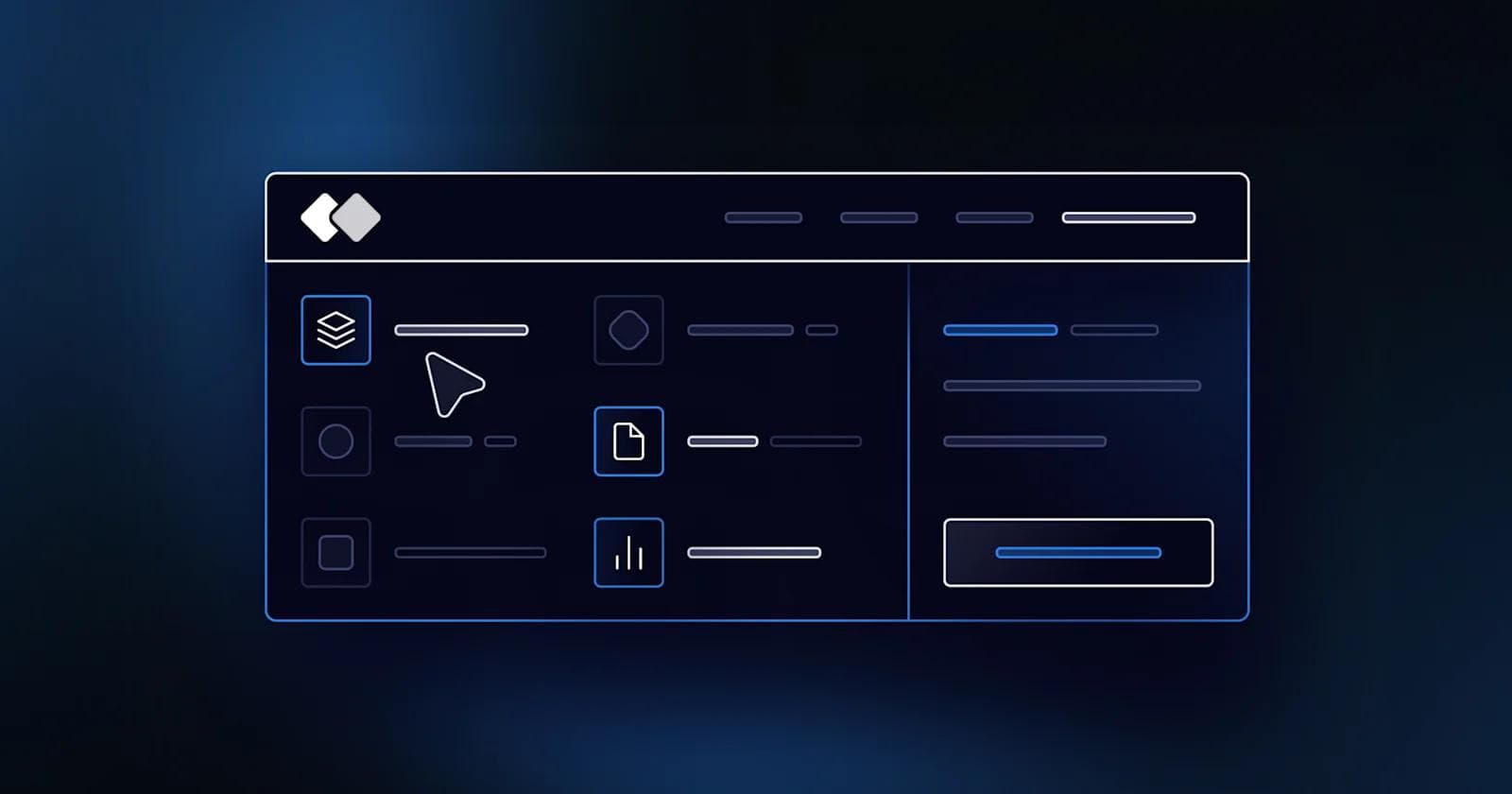 saas navigation menu A digital interface showcasing a file management system with various icons and a dark blue background.