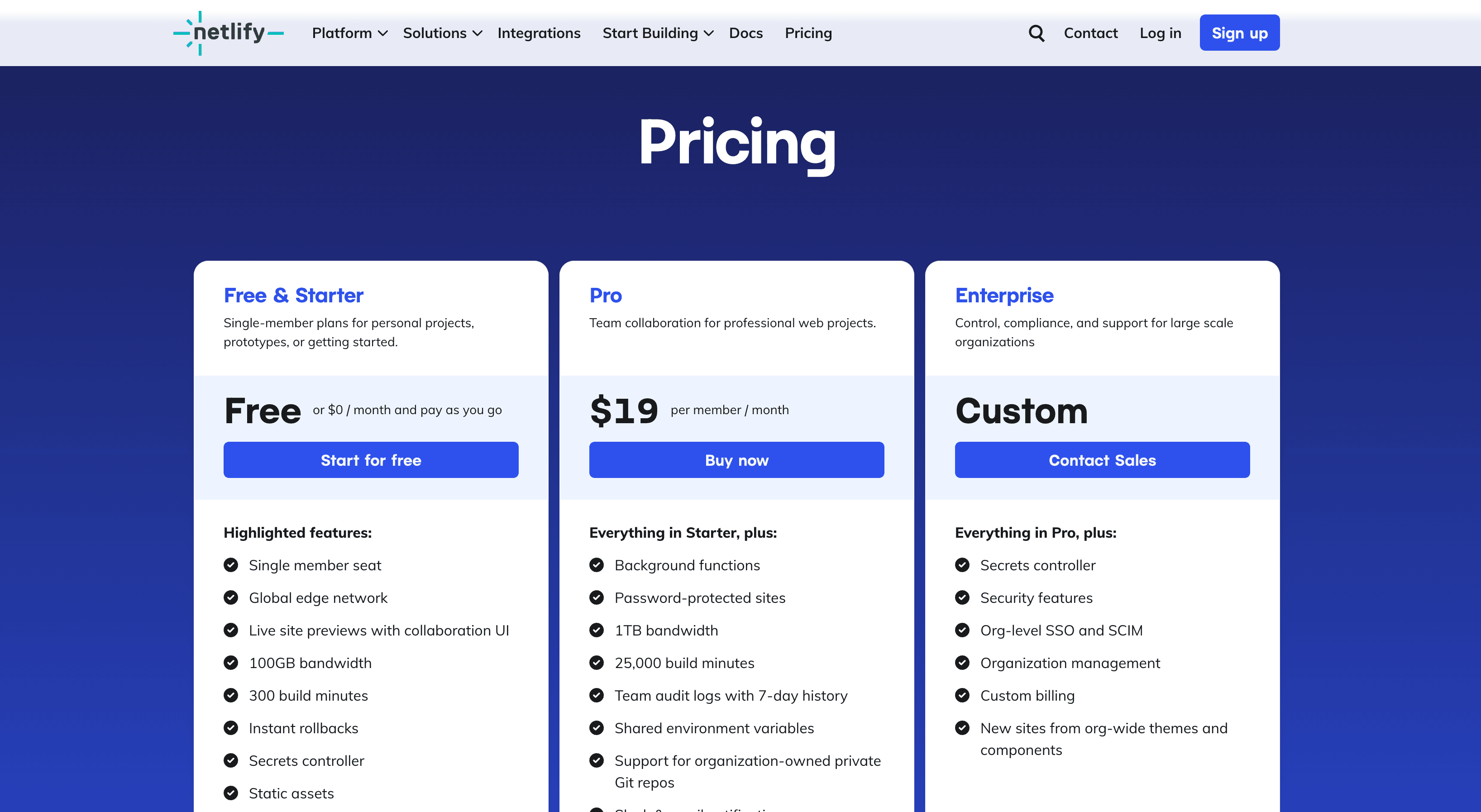 Pricing page for Netlify, featuring plans: Free, Pro at $19, and custom Enterprise options with highlighted features.