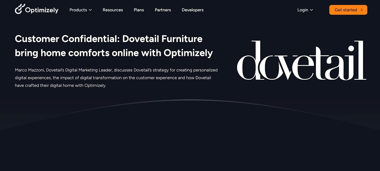 optimizely case study Optimizely page featuring Dovetail Furniture's digital strategy by Marco Mazzoni, emphasizing customer experience.