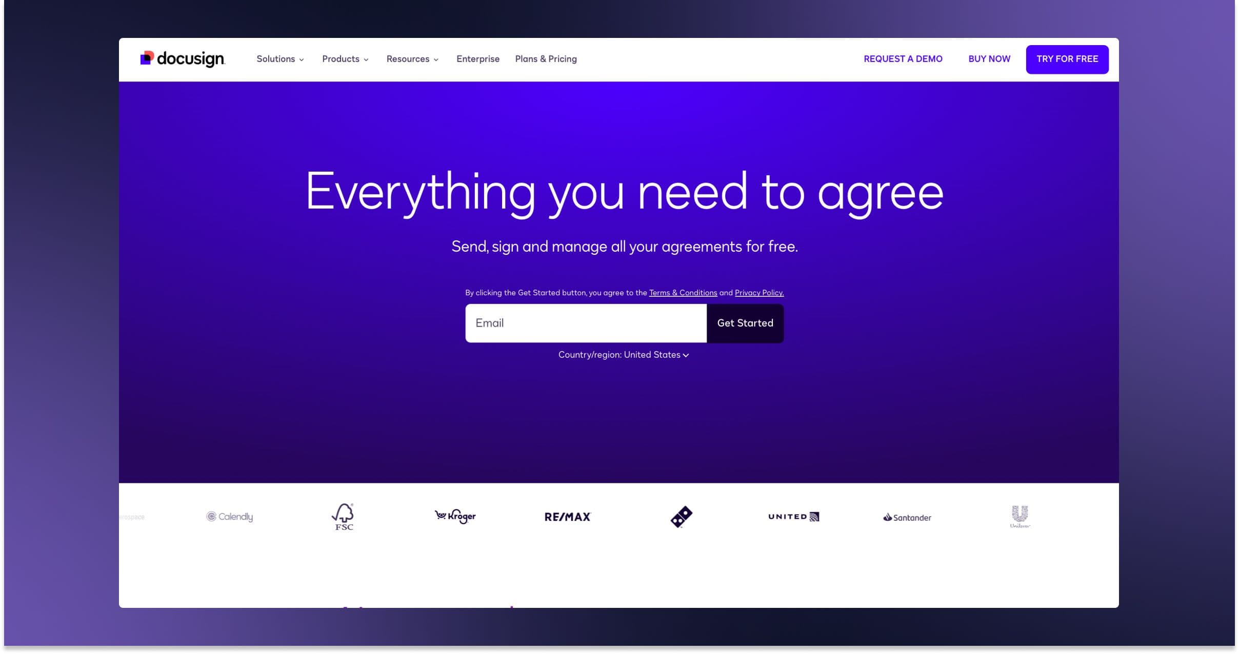 DocuSign homepage offering agreement management services with sign-up option for free trial.