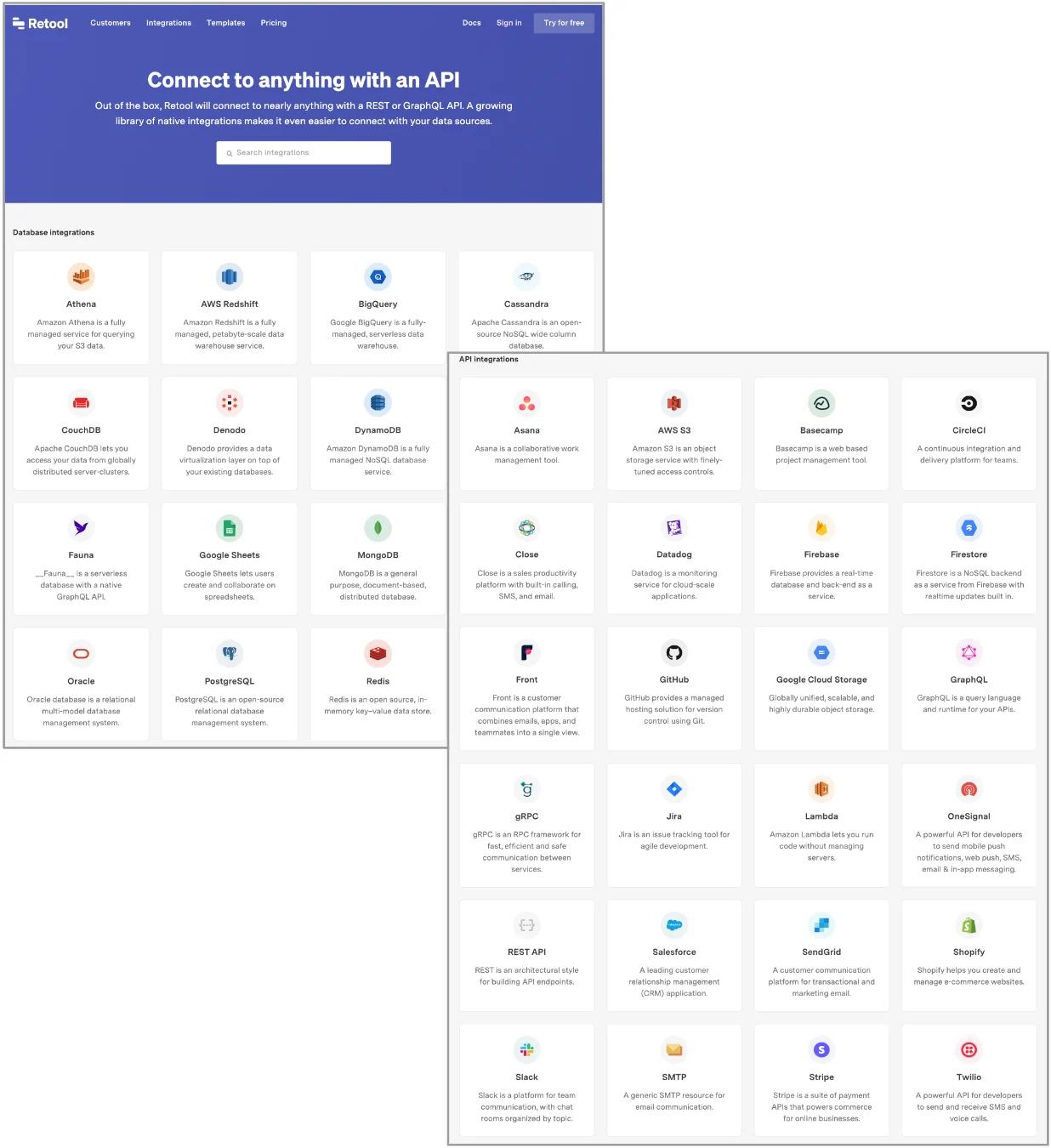 An image of Retool's integration library.