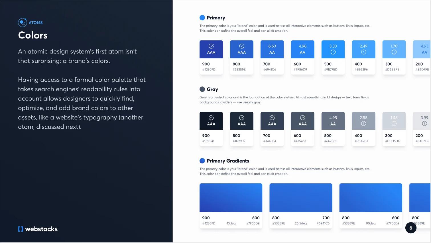 A screenshot from Webstacks' Atomic Design Guide explaining colors in an atomic design system.