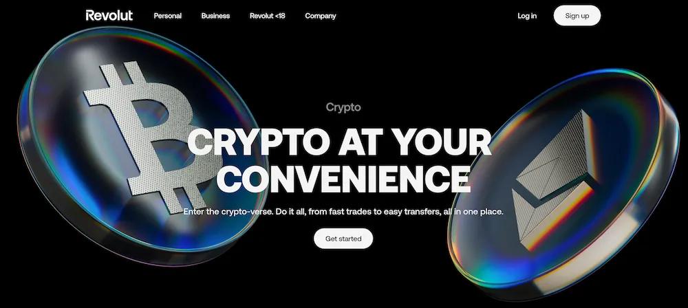 3D Bitcoin and Ethereum tokens on Revolut's website.