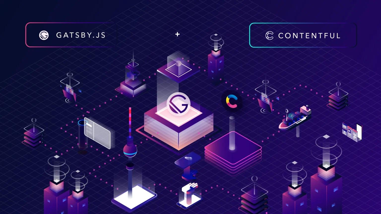 A custom illustration showing how Gatsby.js, front-end framework, works with Contentful, headless CMS.