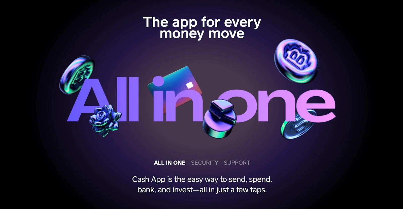 A graphic with purple text and 3D icons on Cash App's website.
