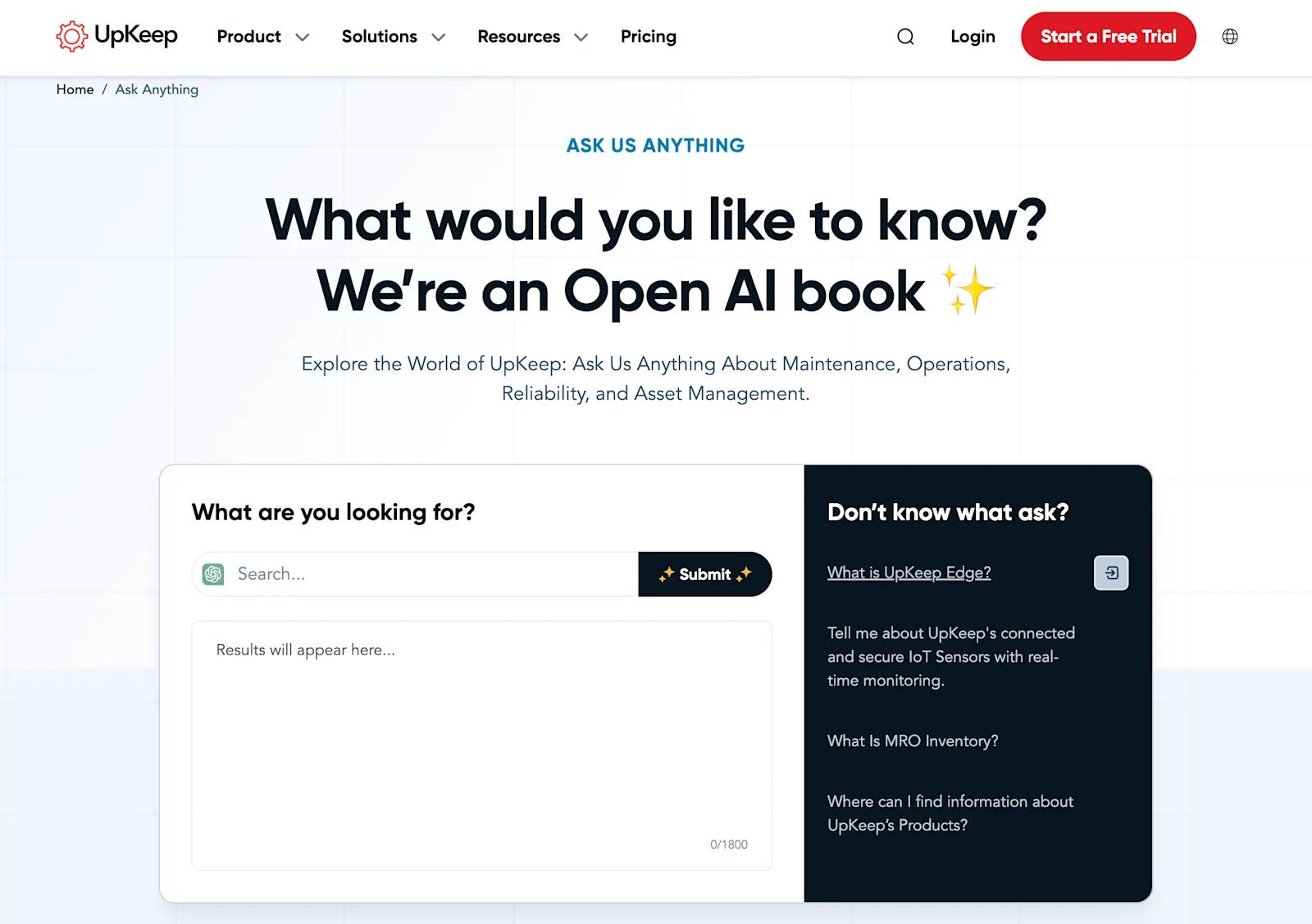 A screenshot of UpKeep's Ask Us Anything page.