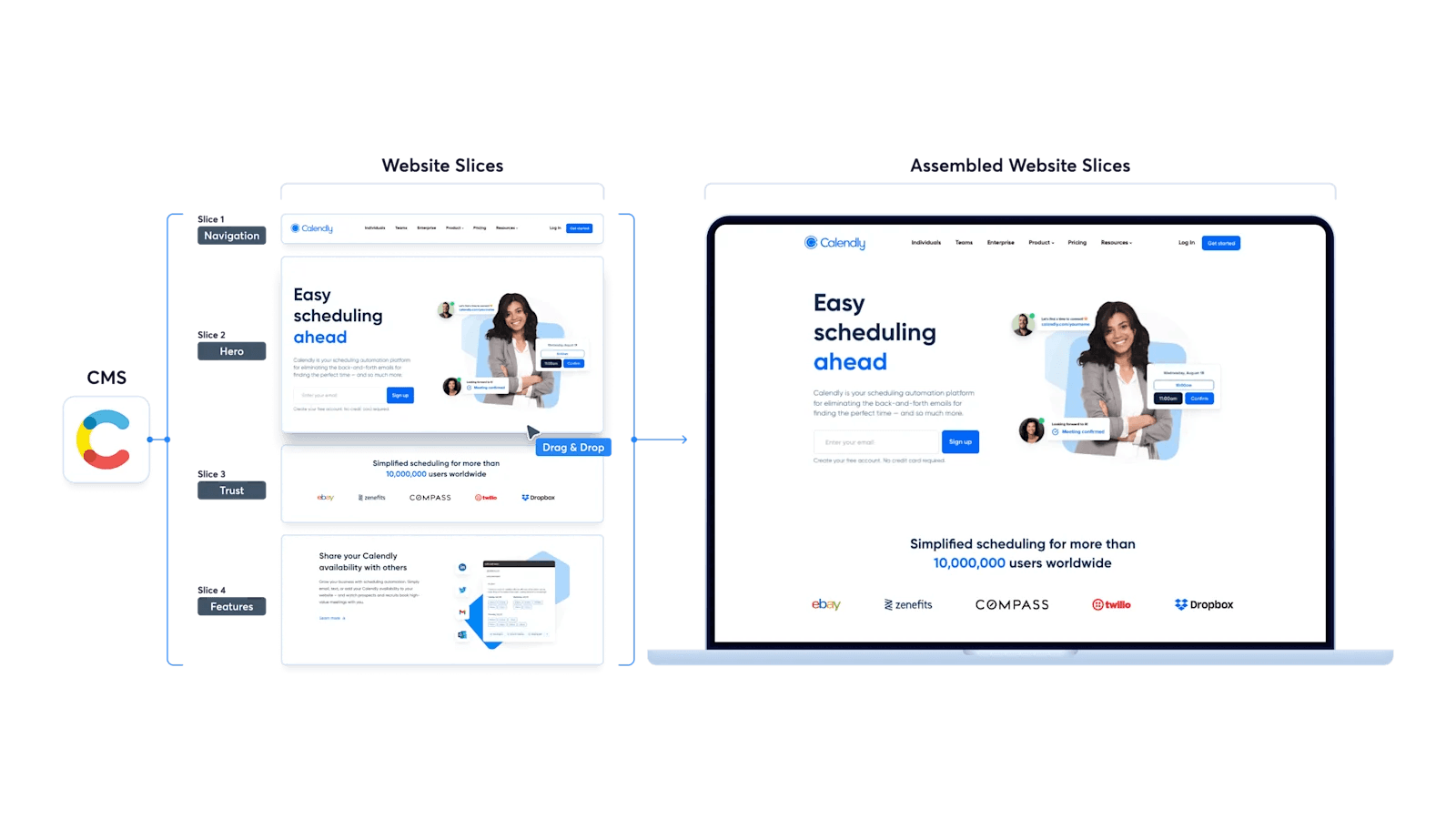 Calendly's homepage is broken up into modular web components.