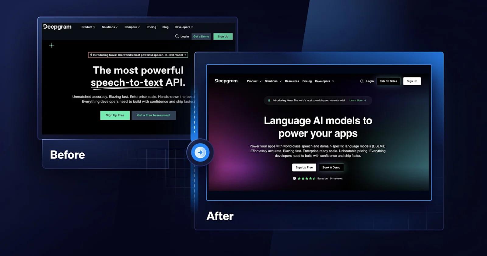 A before and after of the Deepgram homepage design.