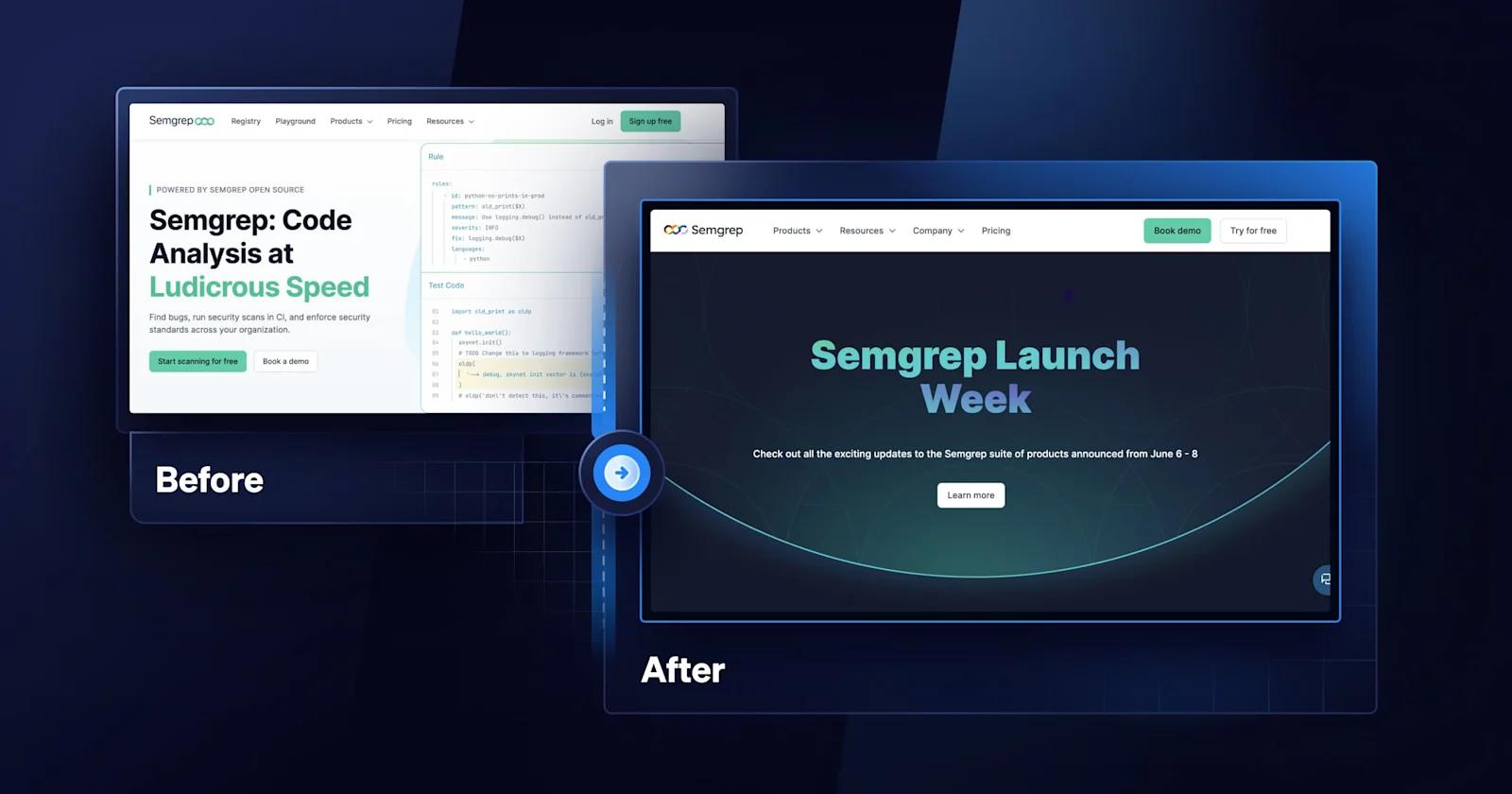 A before and after of Semgrep's homepage.